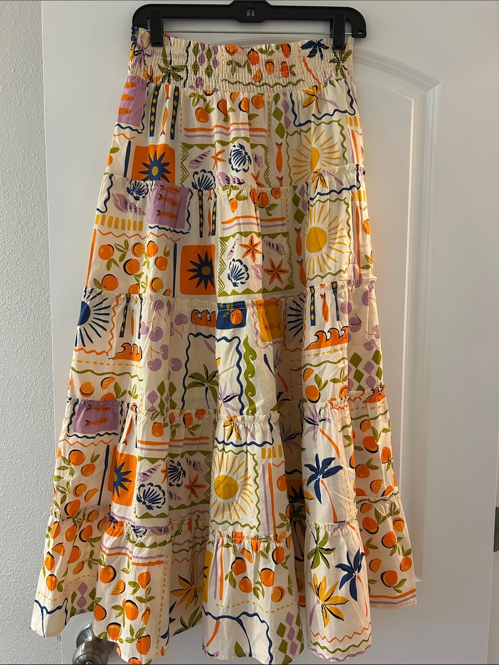 CeCe Cream Tiered Maxi Skirt with Orange, Blue & Yellow Print